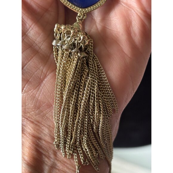 Kendra Scott Rayne Gold Necklace Cobalt Blue Gemstone Oval Pendant & Tassel 30” - Picture 5 of 8